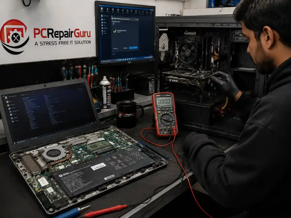 Technician diagnosing a computer and laptop at the PC Repair Guru Birmingham workshop