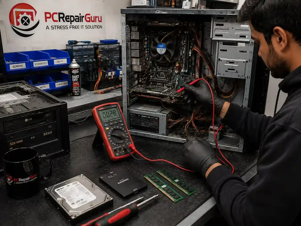 Desktop computer being diagnosed to decide whether repair or replacement is worthwhile at PC Repair Guru Birmingham