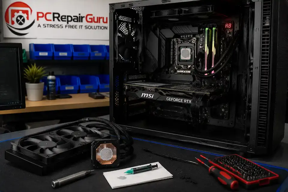 Gaming PC CPU cooler and thermal paste being checked during overheating diagnosis at the PC Repair Guru Birmingham workshop
