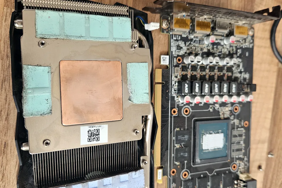 Graphics-card board and cooler separated for inspection