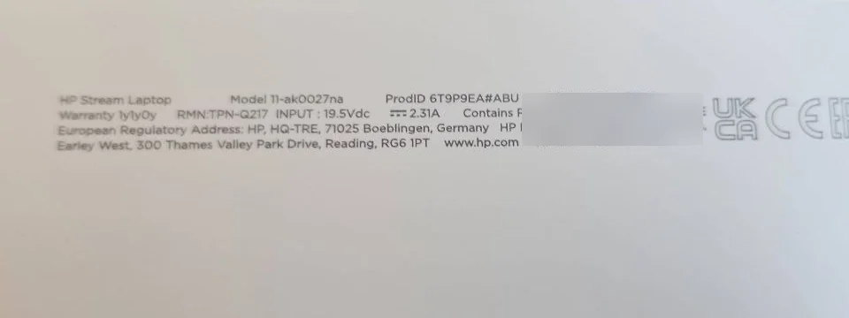 HP Stream laptop model label checked before ordering a replacement battery