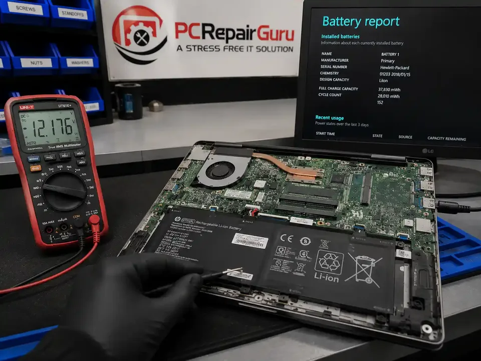 Laptop battery health and capacity being checked at the PC Repair Guru Birmingham workshop