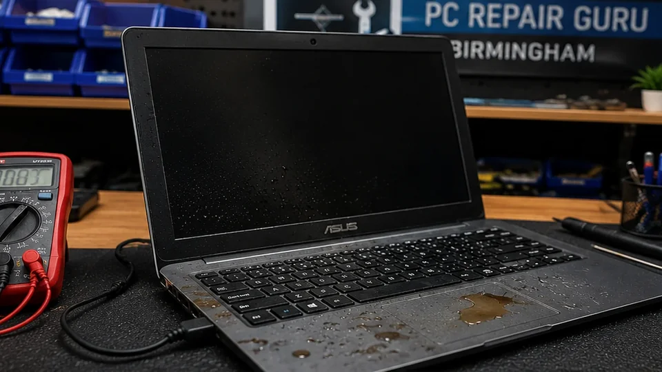 Laptop with liquid damage awaiting professional inspection at the PC Repair Guru workshop in Birmingham