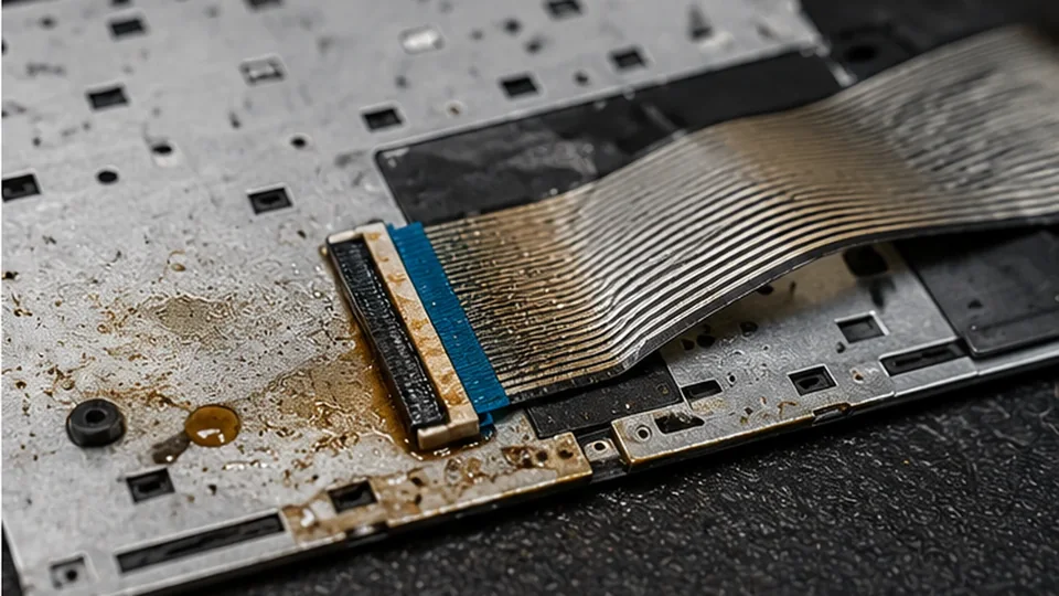 Liquid residue around a laptop keyboard ribbon cable and connector during inspection in Birmingham