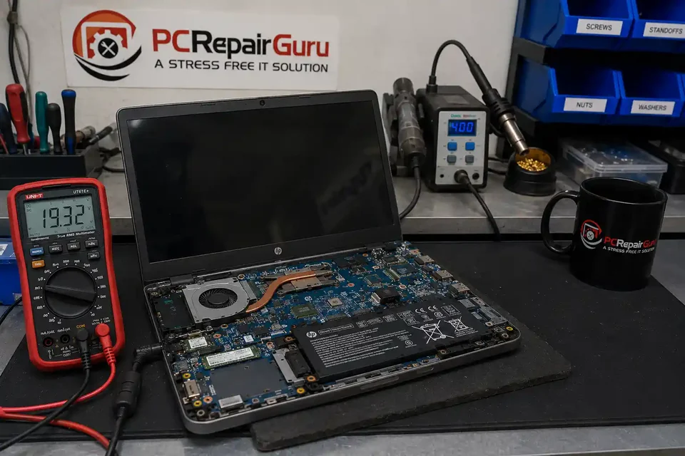 Laptop charging fault being diagnosed with a multimeter at the PC Repair Guru Birmingham workshop