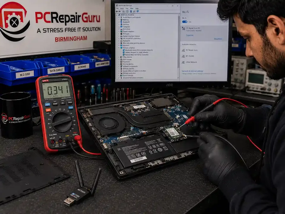 Laptop Wi-Fi card and antenna connections being diagnosed for connection problems at PC Repair Guru Birmingham