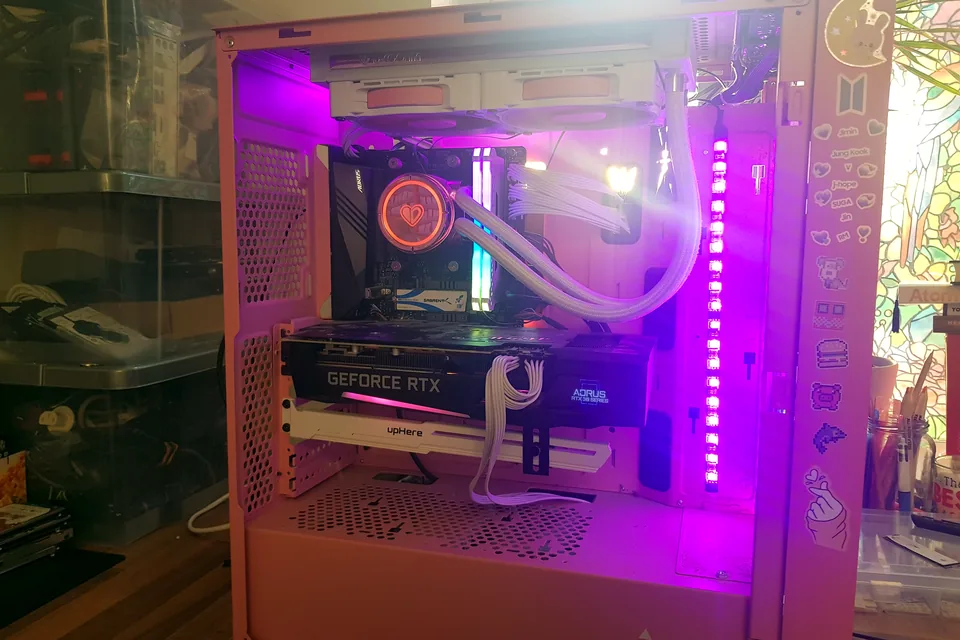 Pink-lit custom gaming PC at PC Repair Guru in Birmingham